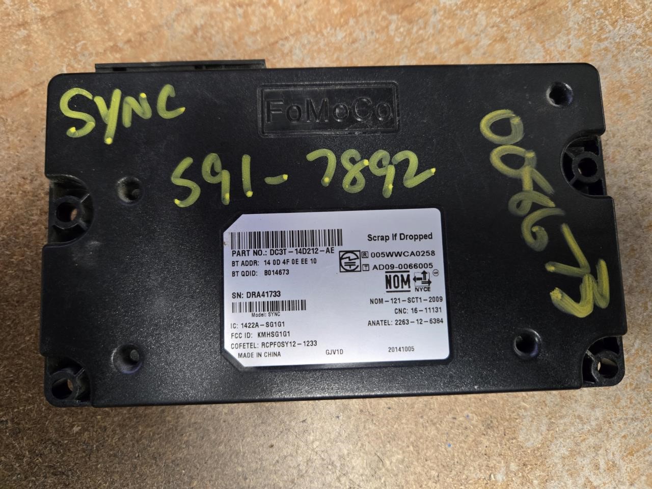 2015 FORD FORD F250SD PICKUP  13-15 Communication; (Sync Module Glove Box Mounted) ID DC3T-14D212-AA Thru AF Chassis Control Module