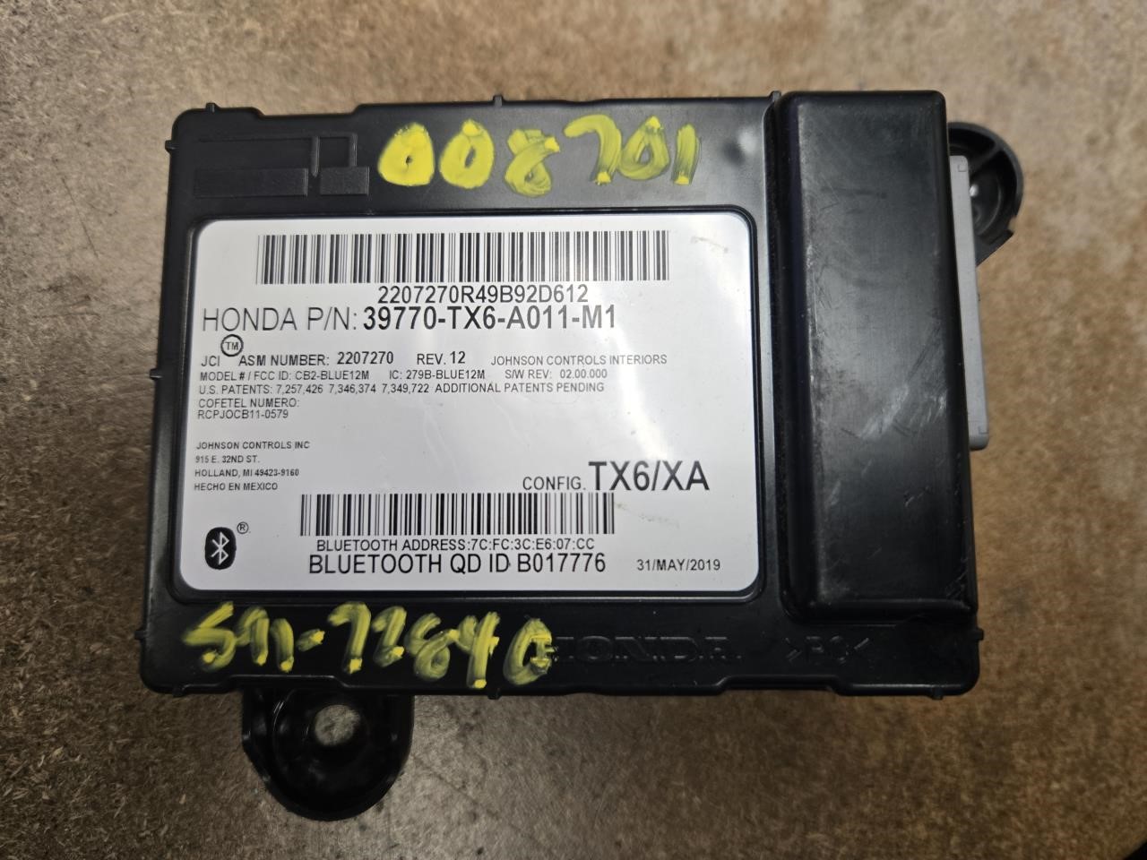 2019 ACURA ILX  19-21 Communication; Bluetooth (LH Dash) ID 39770TX6A01 Chassis Control Module