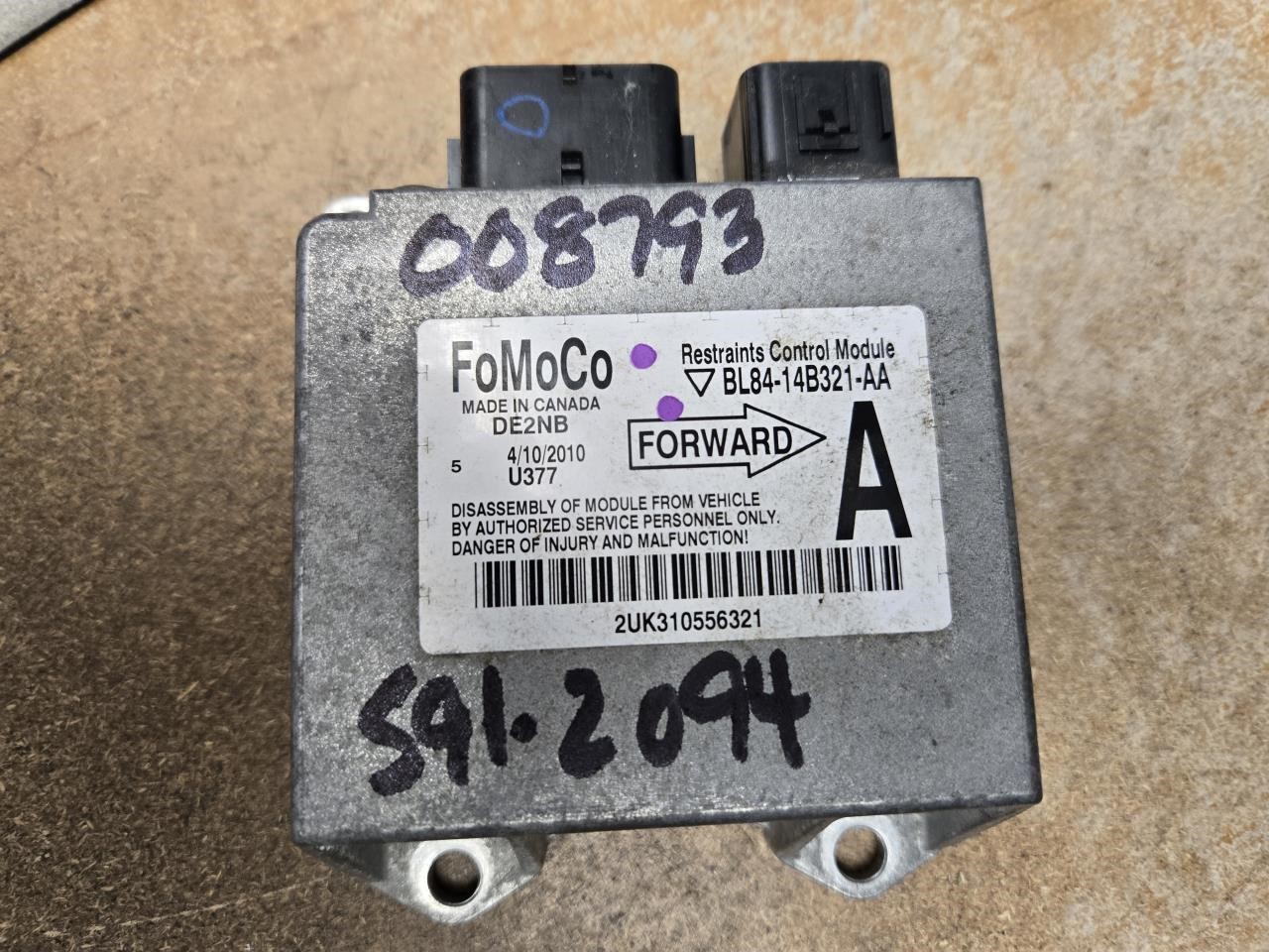 2010 FORD ESCAPE  10-12 Air Bag; (roof Air Bag) 3.0L ID BL84-14B321-AA Thru AD Chassis Control Module